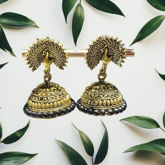 Ethnic Elegant Peacock Black & Gold Danglers - Picture 1 of 3